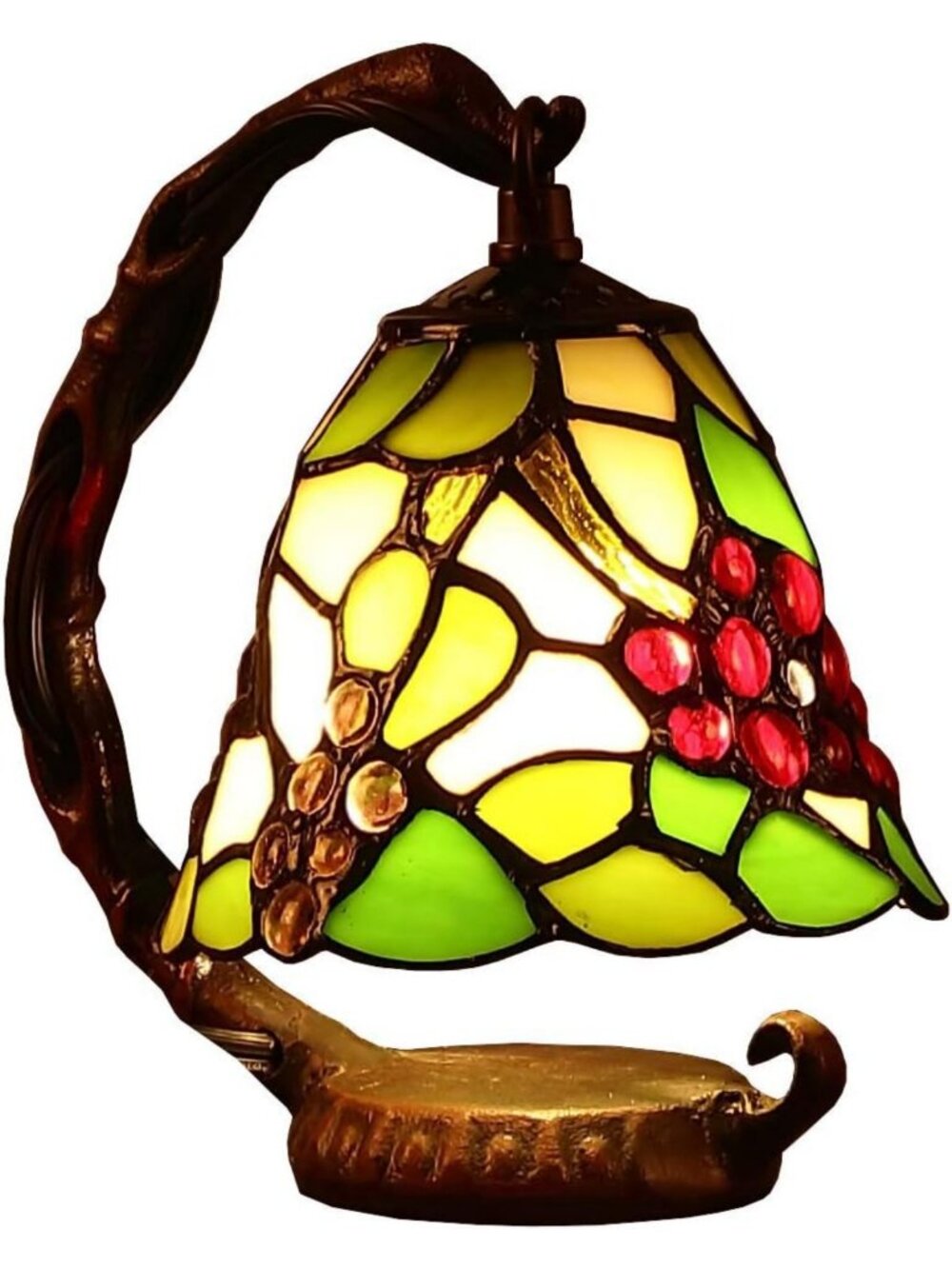 Stained Glass Table Lamp - Grapes Design, 6-Inch Wide Shade, Green Accent